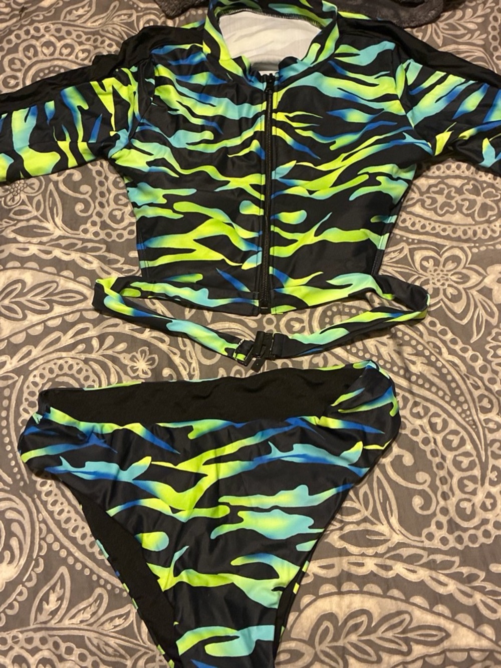 Kids Neon Green & Blue Rash Guard Bikini Set - Brand
